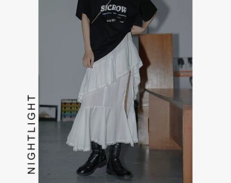 开叉蛋糕裙半身裙女夏中长款白色不规则蕾丝荷...