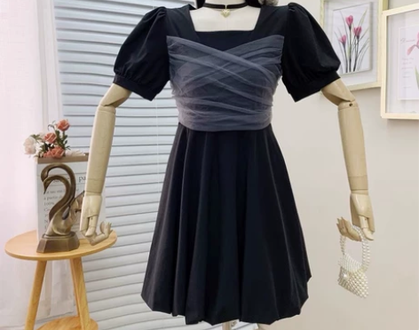 黑色丝带公主裙花苞裙2022夏新款法式温柔...