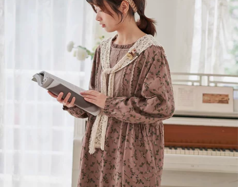 日系女装蕾丝刺绣碎花裙宽松纯棉少女连衣裙文...