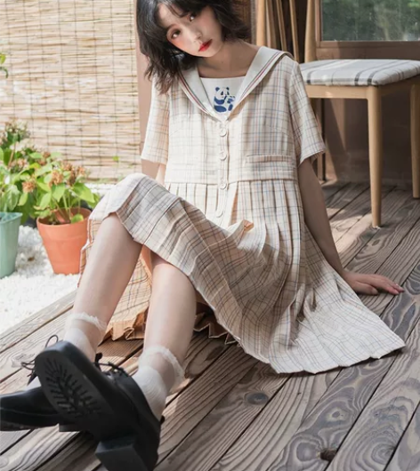 小葱良裁原创设计可爱熊猫格子连衣裙女夏日系...