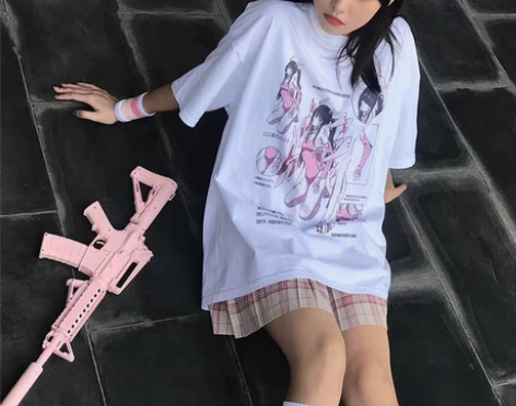 一整套初代机甲少女 卡通印花短袖T恤夏季白...