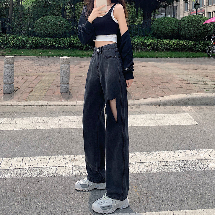 破洞渐变牛仔裤女夏季新款高腰宽松直筒薄款阔...
