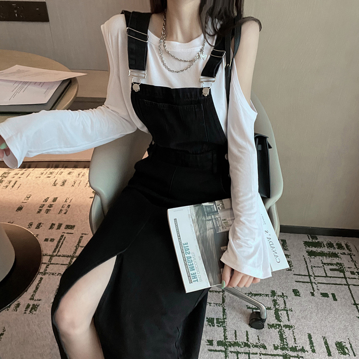 洋气减龄慵懒风炸街休闲牛仔背带裙两件套装#...