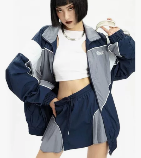 ?APEA早秋美式复古拼接撞色设计感刺绣l...