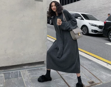 【狂欢价】灰色针织连衣裙秋冬女装2020新...