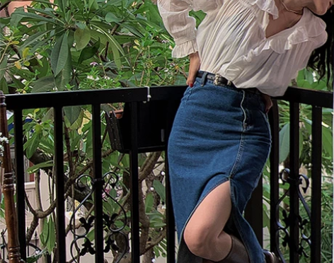 ?午后商店 高腰开叉牛仔半身裙港风复古中长...