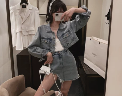 IN MIMIFACE牛仔套装女春秋宽松短...