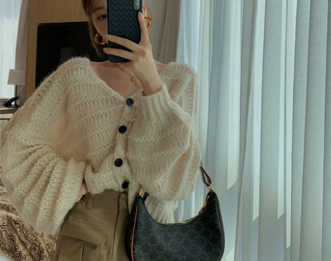莫琳molin 慵懒风毛衣外套女韩版V领灯...