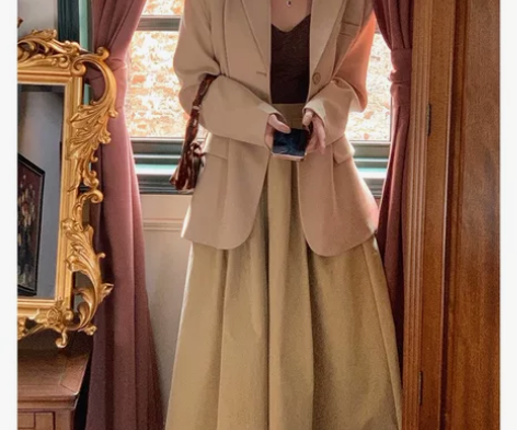 酒午法式复古春修身西装气质长袖西服外套上衣...