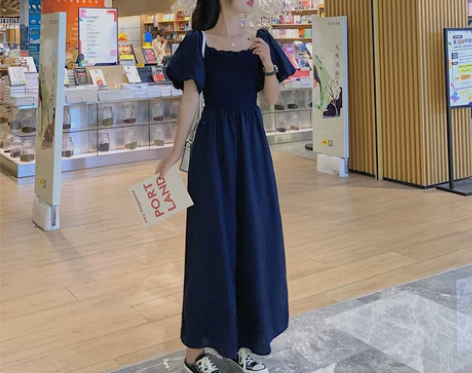 藏青色泡泡袖工装连体裤女夏季2022新款薄...