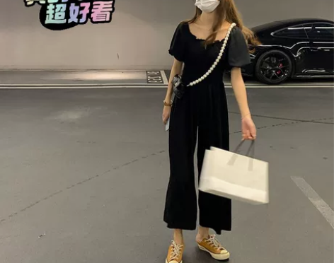 夏季新款韩系休闲黑色方领连体裤女高腰垂感宽...