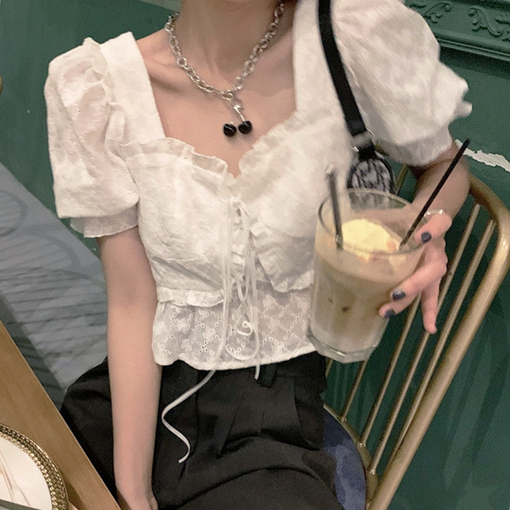 【88狂欢价】白色方领泡泡袖衬衫女夏设计感...