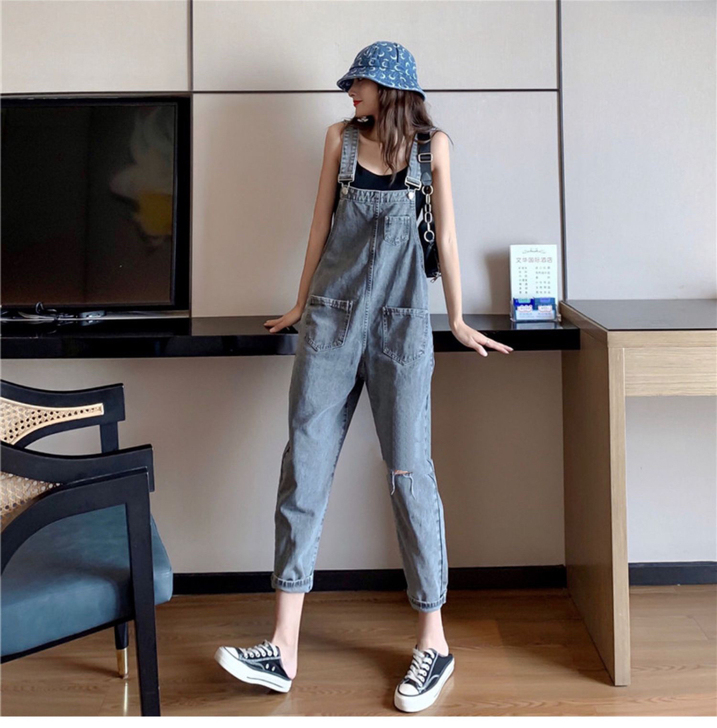 全新宽松减龄破洞复古洋气九分背带牛仔裤