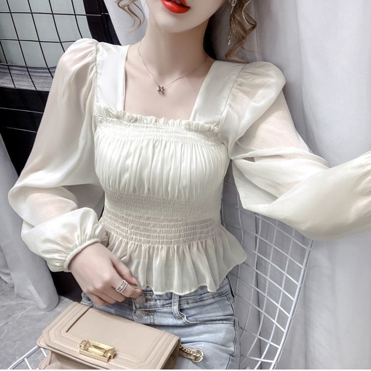2021秋装新款设计感短款泡泡袖雪纺衫薄款...