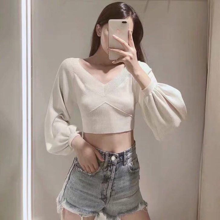 ZARA同款泡泡袖高腰毛衣女短款时尚套头针...