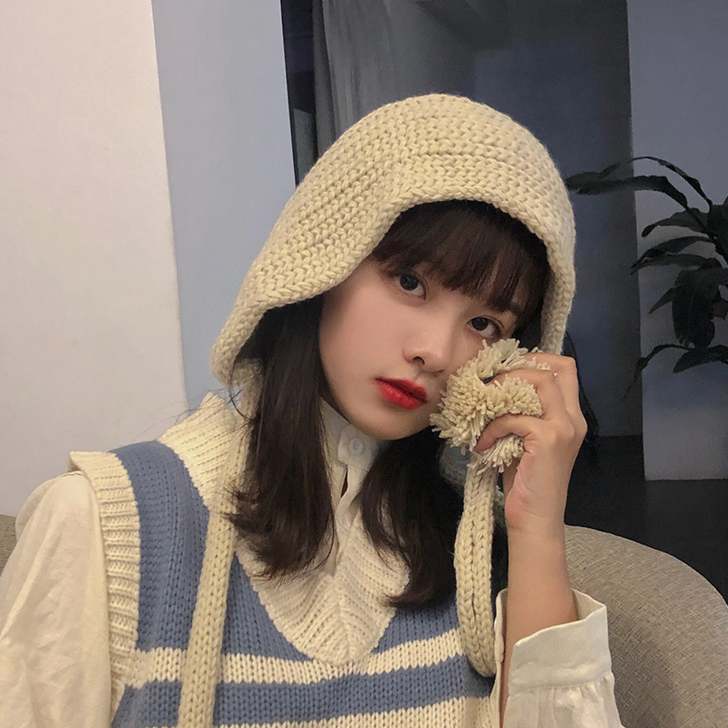 手工编织长系带软妹毛线帽女冬天加厚保暖护耳...