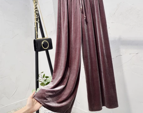 韩版系带高腰垂感金丝绒阔腿裤女秋季九分宽松...