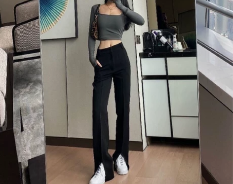 新款黑色前开叉西装裤高腰直筒显瘦垂感街头拖...