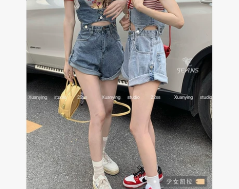 高腰深色背带牛仔裤女夏季2022年新款复古...