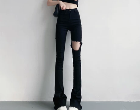 夏季高腰显瘦薄款黑色破洞微喇叭牛仔裤女 感...