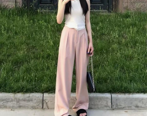 香杉雨藤 淡雅虾粉色西装直筒拖地裤女休闲垂...