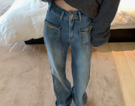 ?复古直筒牛仔裤女春秋胖妹妹大码高腰显瘦阔...