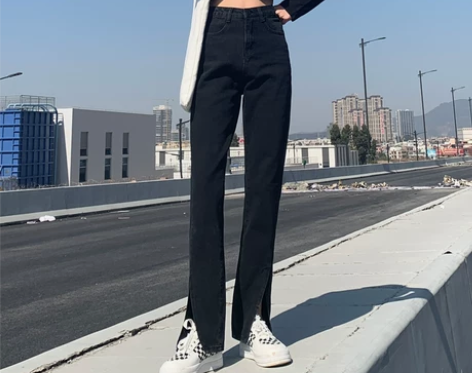 【年货价】开叉牛仔裤女直筒宽松高腰胖mm阔...