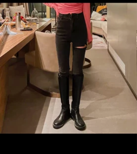LILUSHOP 烟灰破洞性感弹力牛仔裤女...
