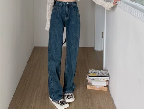 145矮小个子牛仔裤女秋冬高腰加绒深蓝色阔...