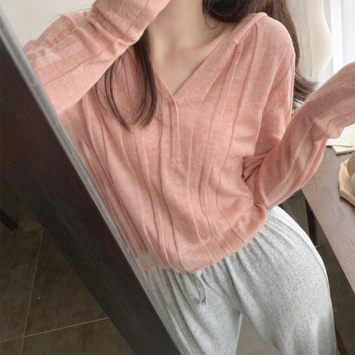 v领冰丝针织帽衫粉色短款连帽打底衫薄款春装...