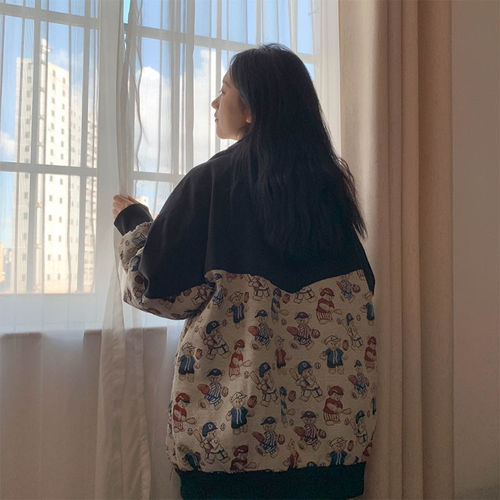美式复古超酷棒球小熊翻领夹克男女潮牌春秋宽...