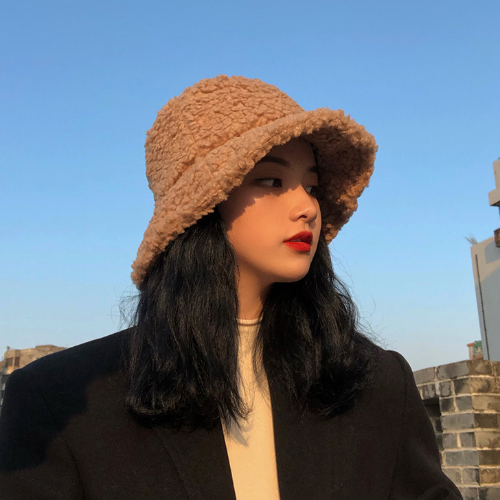羊羔绒渔夫帽女日系秋季百搭韩版新款保暖毛绒...