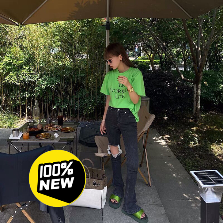 mas mash夏季高腰破洞喇叭牛仔裤 显...