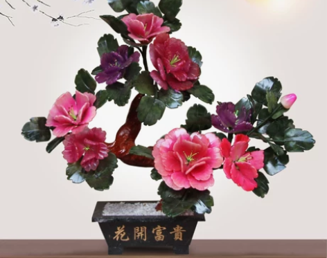 天然玉石8朵盆景牡丹花树玉器盆栽工艺品玄关...