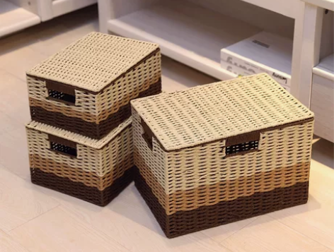 田园纸藤编收纳盒收纳箱带盖收纳筐桌面储物杂...