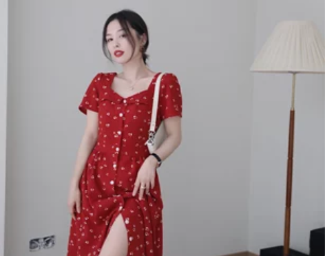 ?｛浮世红与黑｝正红色方领复古连衣裙，xs...