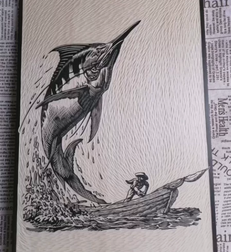 木刻版画：《老人与海》 腾空跃起的巨型马林...