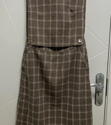 Zhxshi朝花夕拾女装 咖色格子拼接毛呢...