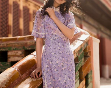 中国韵味旗袍紫藤色连衣裙 裙长125-13...