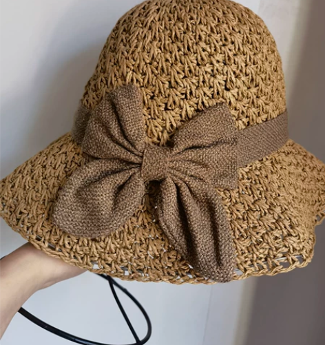 复古夏季百搭遮阳帽女田园时尚优雅蝴蝶结草帽...