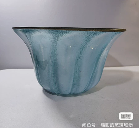 全新人工吹制纯手工蓝色草帽造型大号玻璃果斗...