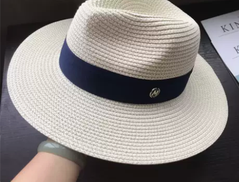 帽子女百搭韩m标藏青色带白色巴拿马礼帽夏天...