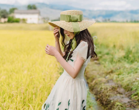 手工麦秸杆平顶礼帽复古绑带橄榄绿遮阳草帽古...