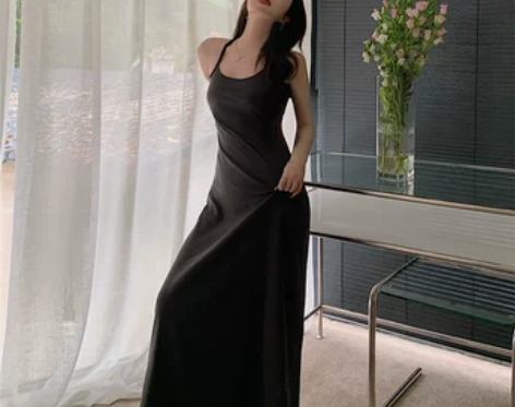 超长连衣裙女到脚踝性感显瘦灰色吊带长裙子夏...