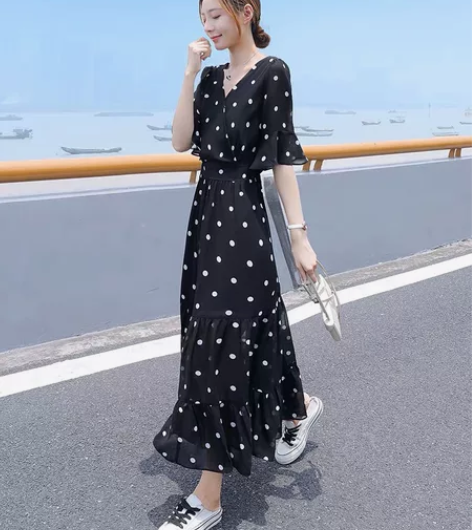 长裙女2022新款夏季V领法式雪纺波点连衣...