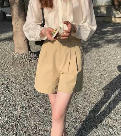 卡其色短裤女2022年新款韩版高腰直筒宽松...