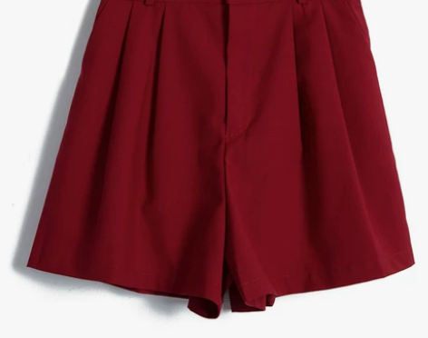 蜜酱红短裤,一粒扣,百褶,半松紧腰短裤女时...