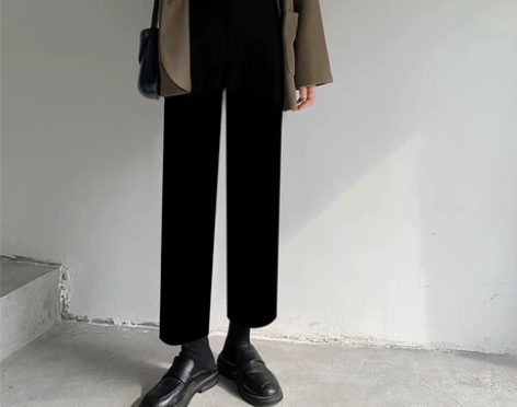 黑色毛呢裤子女秋冬2021宽松直筒西装裤高...