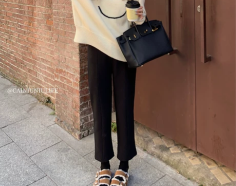 ?蔡妞妞 加绒开叉西装裤女冬季加厚高腰九分...