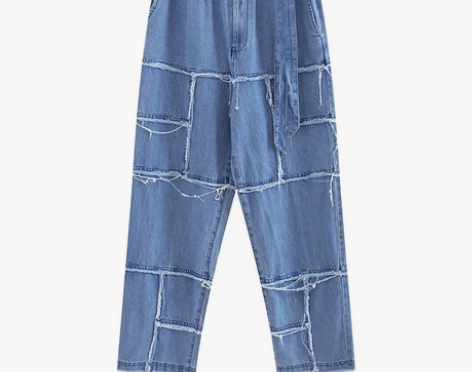 POH 多裁片拼接洗水做舊破壞流蘇丹寧牛仔...